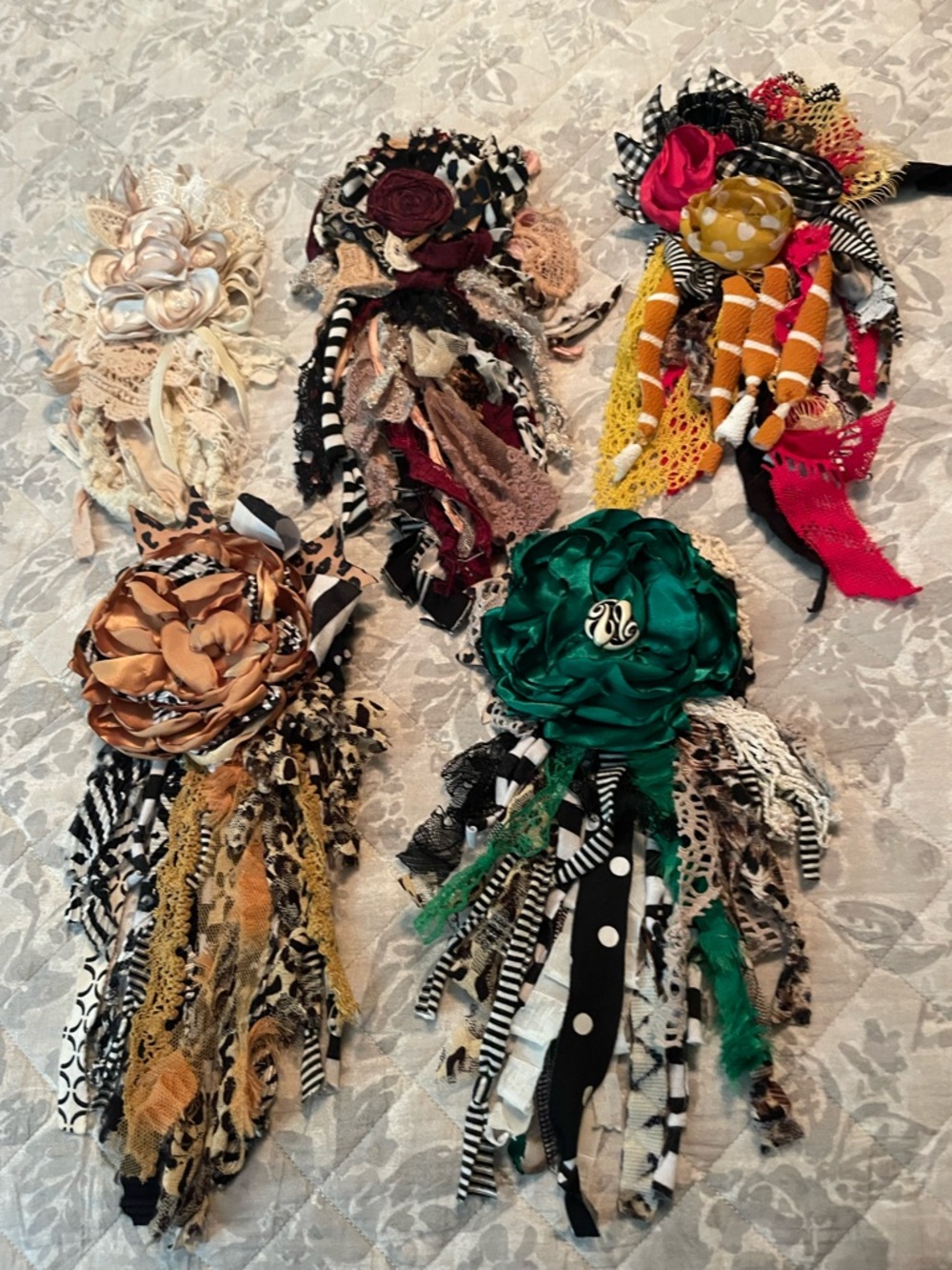 Handmade Floral FlowerPins- Green & Multicolor, bundle of 5 pins.
